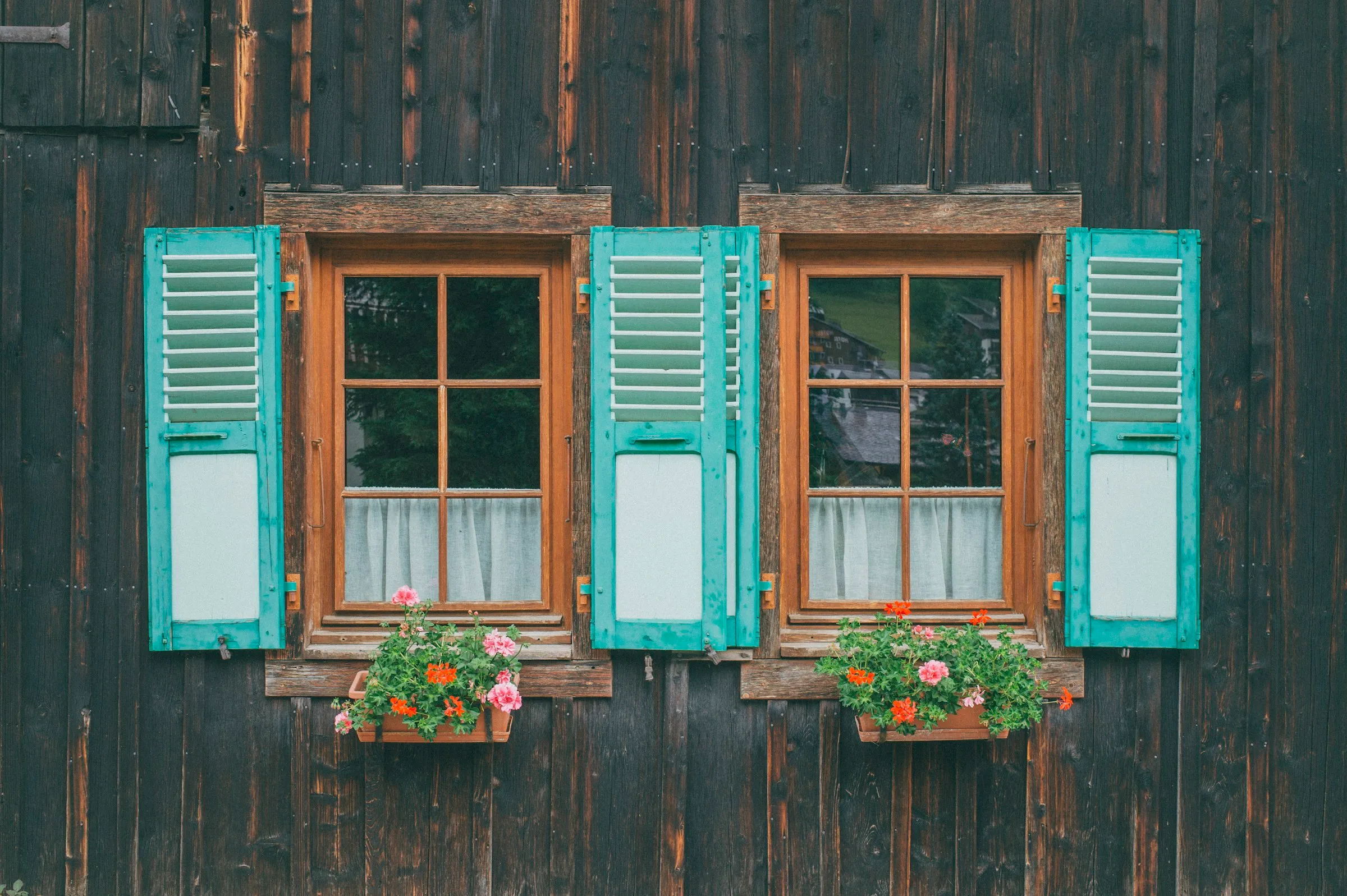 Fenêtres en bois et volets battants assortis, maison à bardage bois